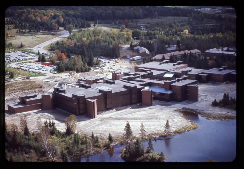 Aerial view of the newly-completed College Education Centre in North Bay, ON, circa 1971. Photo ID: OIMC-003-003-008